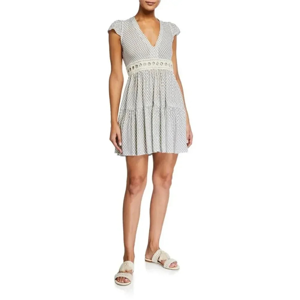 lemlem Women's Wibi V-Neck Lace Trim blue white Short Mini Dress Size Large